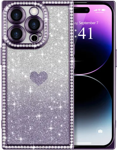 Miniatura 51 de Funda para iPhone 13, funda de diamantes de imitación de lujo con patrón de corazón de amor de cristal [papel con purpurina extraíble], parachoques