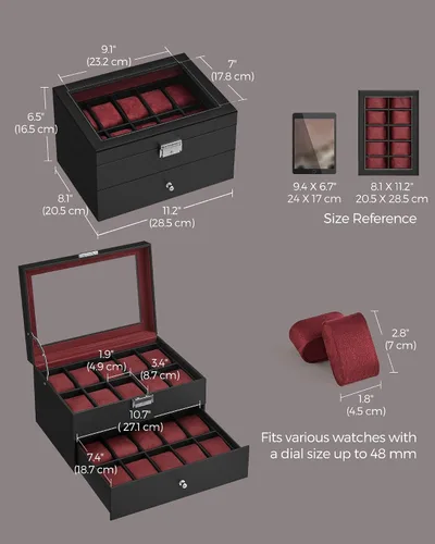 Miniatura 6 de SONGMICS Caja de reloj de 20 ranuras, caja de reloj con tapa de vidrio, 2 capas, vitrina de reloj con cerradura, cuero sintético negro, forro rojo