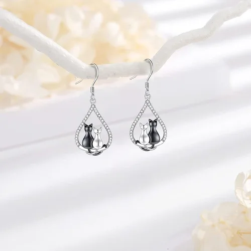 Miniatura 181 de Aretes colgantes de plata de ley con diseño de árbol de la vida, flor, abeja, animales, gato, colibrí, piedra lunar, turquesa, aretes con cierre