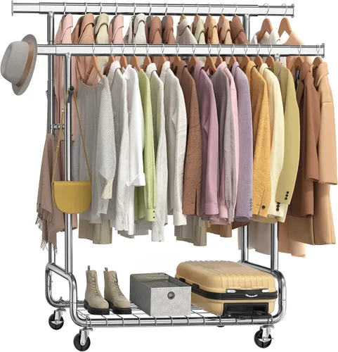 Miniatura 8 de SONGMICS Perchero de Ropa, Perchero de Ropa Rodante de Servicio Pesado con Ruedas, Barra Colgante Extensible y Altura Ajustable, Portátil, con Plata
