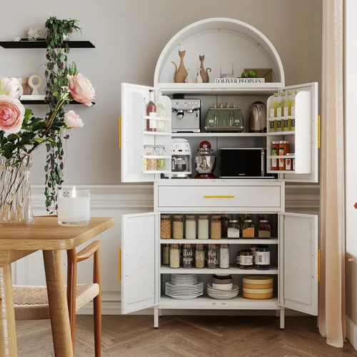 Miniatura 10 de Armario de despensa arqueado de metal blanco de 72.8 pulgadas para almacenamiento de cocina, armario alto de 2 puertas con 6 estantes ajustables