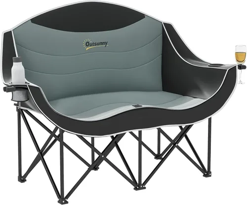 Miniatura 11 de Outsunny Double Camping Chair for Adults, Padded Folding Camp Chair for 2 Person with Armrest, Wine Glass Holder, Cup Holder, Carry Bag for Outdoor