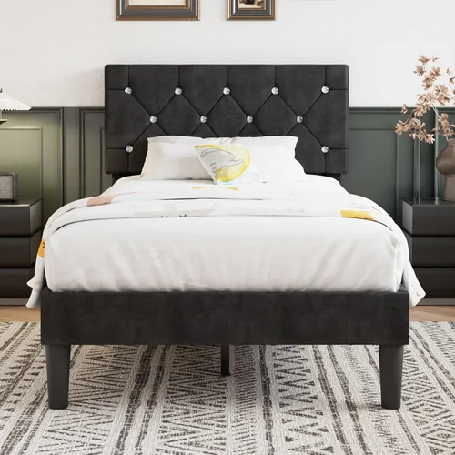 Miniatura 12 de VECELO Base de cama de tamaño individual, plataforma tapizada con cabecera ajustable de diamante, soporte de listones de madera, no necesita somier