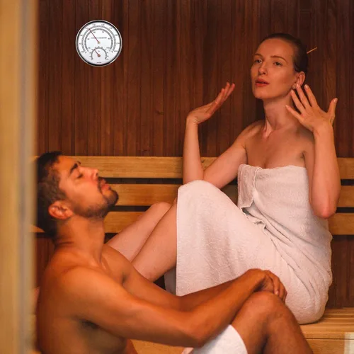 Miniatura 5 de Termómetro higrómetro de sauna Fahrenheit 2 en 1, accesorios grandes con borde plateado, esfera portátil de medición de temperatura y humedad