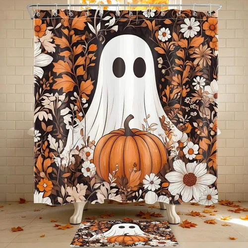 Miniatura 37 de HVEST Cortina de ducha de Halloween, linterna de calabaza y gnomo, cortina de ducha de baño, cortina de ducha de murciélago y araña, decorativa