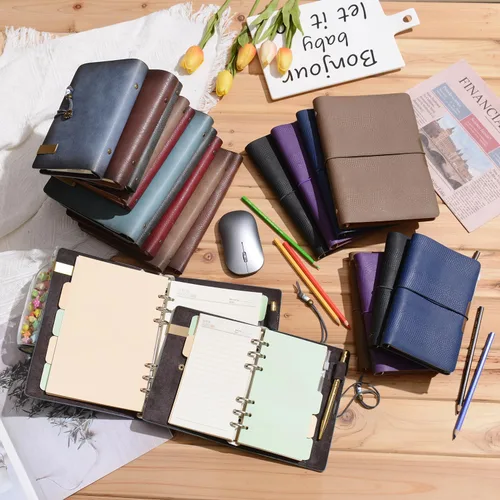 Miniatura 4 de Wonderpool - Diario de piel con papel rayado y bolígrafo, rellenable, cuaderno de espiral con 6 anillas, con libretas pautadas, cubierta vintage