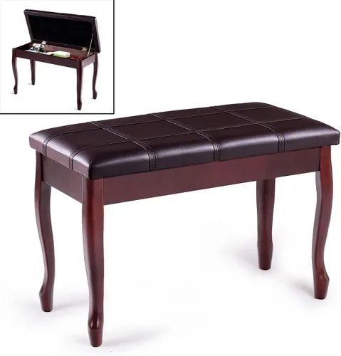 Miniatura 8 de HAPPYGRILL Banco de piano con cojín acolchado de piel sintética, cómodo taburete de asiento doble con almacenamiento y pata de madera maciza