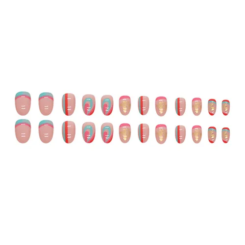 Miniatura 4 de Uñas postizas cortas a presión con diseño de almendra SWEKKE de verano, uñas postizas de color rosa de cobertura completa con diseños de remolinos