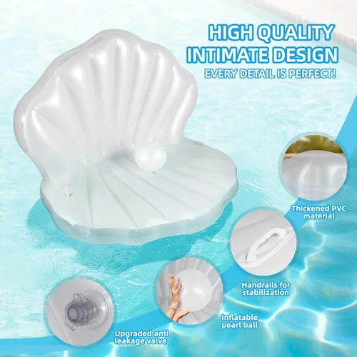 Miniatura 2 de Flotador de Piscina Inflable de Concha Marina Engrosado de 52", Silla de Balsa Flotante Gigante para Piscina con Bolas de Perlas, para Fiestas