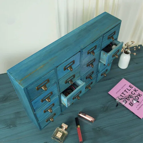 Miniatura 5 de Gabinete de boticario con 16 cajones con mesa, baúles y gabinetes de boticario, gabinete para catálogo de tarjetas de biblioteca, caja de Azul