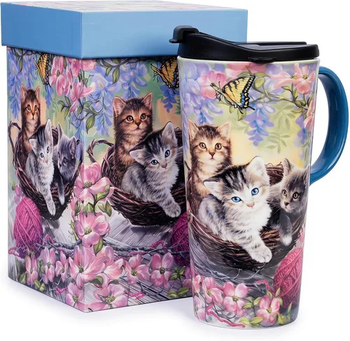 Miniatura 15 de Taza de viaje de cerámica de hortensia de jilguero de 17 onzas con tapa, taza de café floral de pájaro verde azulado con caja de regalo, taza de té