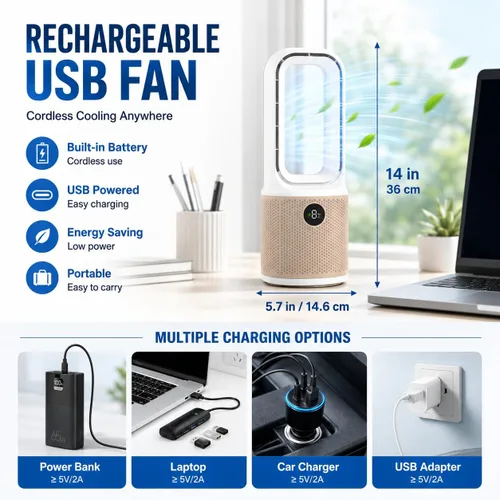 Miniatura 6 de Ventilador de escritorio, pequeño ventilador silencioso sin aspas con ajuste de 9 velocidades y 3 modos de luz, recargable por USB de 14 pulgadas