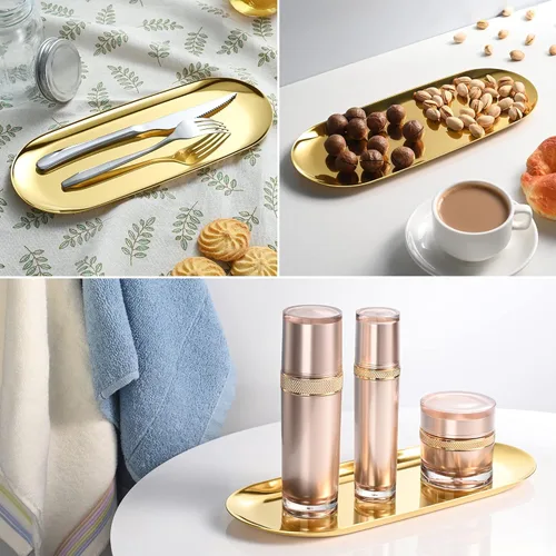 Miniatura 6 de Bandeja de tocador ovalada dorada, bandeja de joyería de acero inoxidable, bandeja de baño, bandejas para cosméticos de maquillaje, bandeja