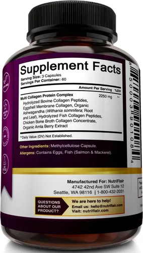Miniatura 7 de NutriFlair Péptidos de colágeno múltiple de 2250 mg, tipo I, II, III, V, X, suplementos de colágeno complejo en polvo para mujeres y hombres