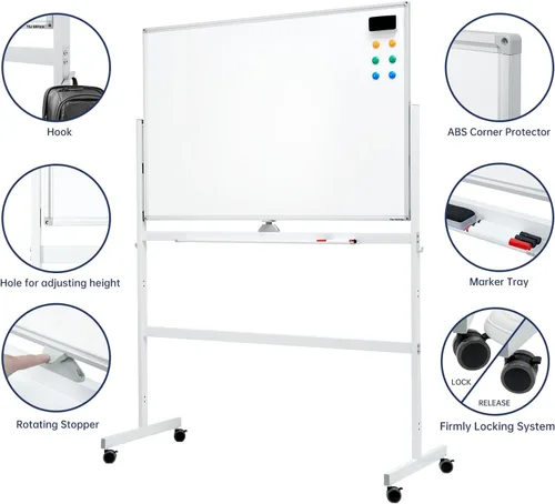 Miniatura 3 de Pizarra blanca magnética grande de borrado en seco con ruedas – 48 x 32 pulgadas, pizarra blanca de altura ajustable de doble cara, caballete Blanco