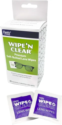 Flents Wipe'N Clear Toallitas de limpieza biodegradables para lentes, envueltas individualmente, productos ecológicos, 20 unidades, fabricadas en