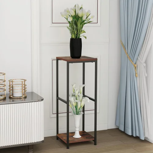 Miniatura 6 de CASIMR - Soporte para plantas de interior, estante alto de metal con tablero cuadrado de madera, estante de exhibición de 2 niveles para múltiples