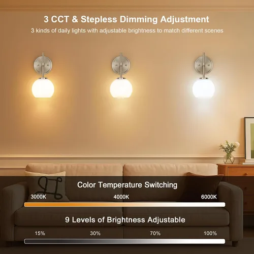 Miniatura 5 de Juego de 2 apliques de pared de níquel cepillado que funcionan con pilas, iluminación de pared inalámbrica recargable con control remoto, luces