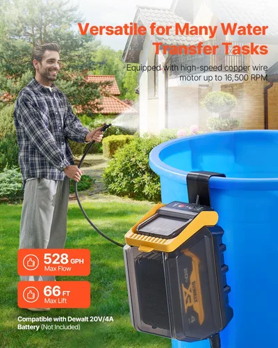 Miniatura 2 de VEVOR Bomba sumergible inalámbrica de transferencia de agua, 528 GPH, bomba de sumidero portátil con manguera de jardín G3/4 pulgadas, compatible