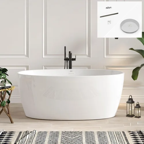 Miniatura 29 de FerdY Tahiti - Bañera independiente de 67" con forma ovalada elegante, bañera aislada de doble pared brillante con color blanco, con centro