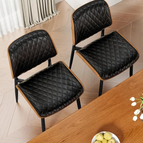 Miniatura 8 de REONEY Juego de 2 sillas de comedor, modernas sillas tapizadas de piel sintética de mediados de siglo con respaldo de nogal y patas de metal, pies