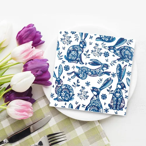 Miniatura 4 de JarThenaAMCS Paquete de 80 servilletas de papel de Pascua Chinoiserie conejito desechables azul y blanco conejo decorativo para cena de Pascua