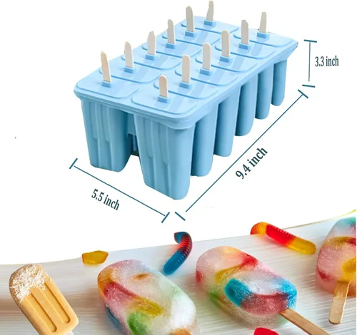 Miniatura 5 de Moldes de silicona para paletas con palitos de 12 cavidades, molde para helado con cepillo limpio, 12 varillas reutilizables, 50 varillas, 50 Azul
