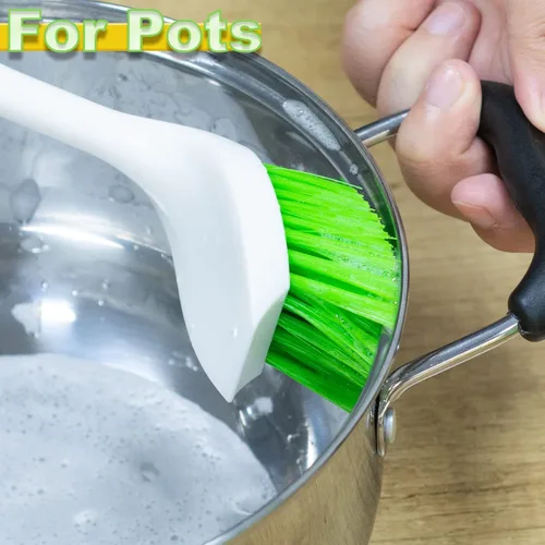 Miniatura 5 de Juego de fregadores de platos, cepillo de cocina para limpieza con borde rascador, cepillo verde multiusos con mango para platos, fregadero, ollas