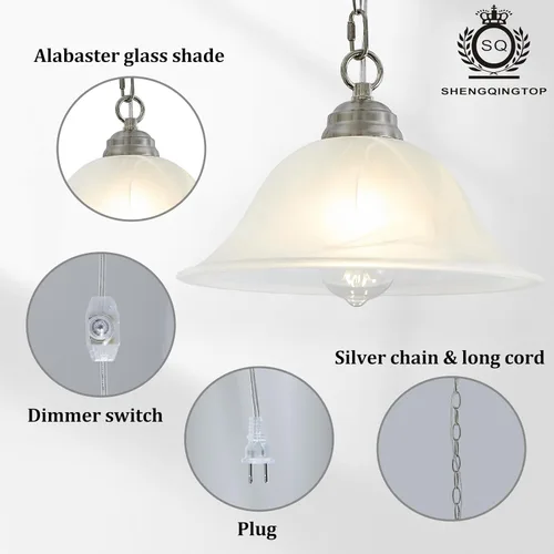 Miniatura 4 de Lámpara Colgante Enchufable con Pantalla de Vidrio de Alabastro, Lámpara Colgante con Interruptor de Encendido/Apagado, Cable de 16.4 Pies y Cadena