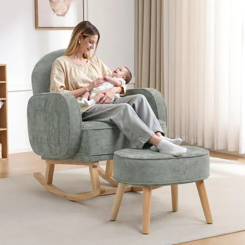 Miniatura 17 de HCHAIRH Mecedora para guardería con otomana, mecedora tapizada con respaldo alto y bolsillo lateral, sillón con patas de madera maciza para Gris