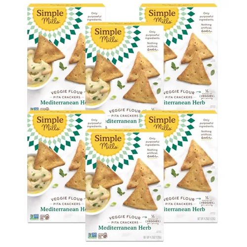 Simple Mills Veggie Pita Crackers, hierbas mediterráneas, sin gluten, veganas, bocadillos saludables, aptas para paleo, 4.25 onzas (paquete de 6)