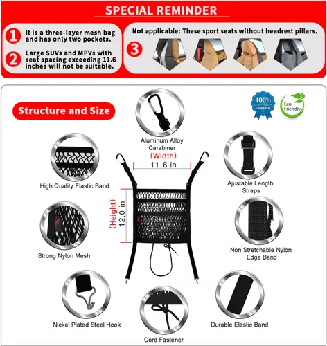 Miniatura 6 de Accesorios para automóvil, organizador de almacenamiento entre asientos delanteros, soporte para bolso de mano con bolsa de bolsillo de red de malla