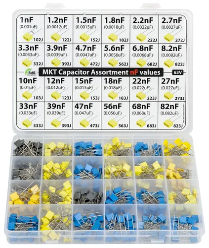 nF Values - Kit de condensador de caja de poliéster MKT surtido 350 piezas, 24 valores 63V, todos los valores nF, 1nF, 1.2nF, 2.2nF, 2.7nF, 3.3nF,