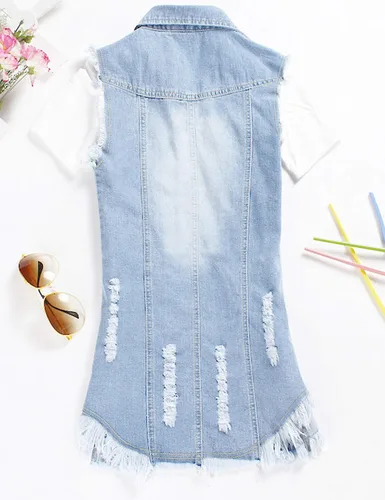 Miniatura 4 de Tanming Women's Casual Denim Vest Sleeveless Frayed Ripped Long Denim Jean Jacket