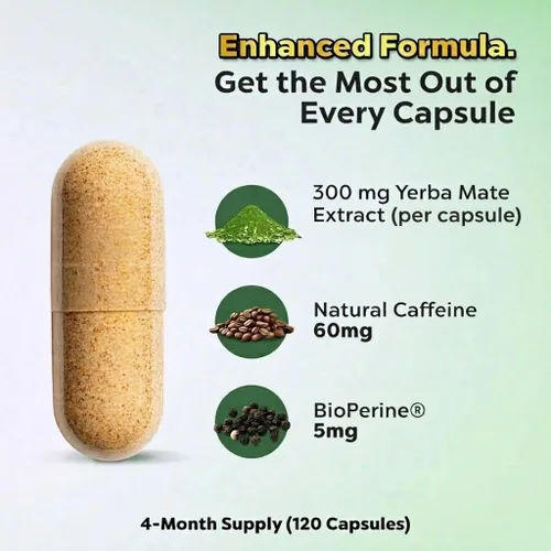 Miniatura 2 de Yerba Mate extra fuerte de alta potencia, 60 mg de cafeína por cápsula, suplementos de extracto de píldoras para energía natural limpia, fabricado