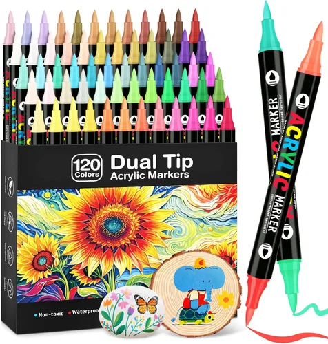 Marcadores de pintura acrílica de 120 colores, rotuladores de pintura acrílica de doble punta con punta de pincel para pintura de roca, madera,