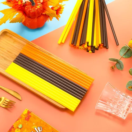 Miniatura 7 de Umigy 150 popotes de plástico desechables para Acción de Gracias, color naranja, amarillo y marrón, envueltos para suministros de fiesta de otoño