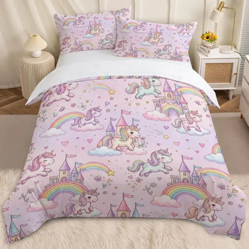 Miniatura 23 de BEDMUST Funda de edredón de unicornio tamaño individual, suave y lindo juego de ropa de cama de unicornio rosa con hojas de flores y pájaros azules
