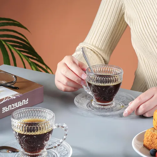 Miniatura 2 de Juego de 6 tazas de té y platillos de vidrio, tazas de café vintage con cuchara de acero inoxidable, aptas para lavavajillas y microondas, para jugo