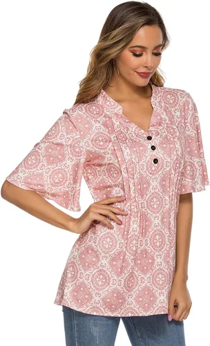 Miniatura 4 de HOCOSIT - Camiseta de manga corta con olanes y cuello en V con estampado de flores, plisada y abotonada, para mujer