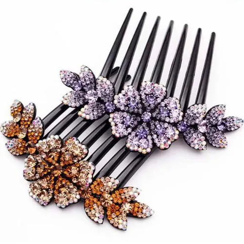 Miniatura 4 de 4 piezas coloridas de lujo brillante hoja flor diamantes de imitación negro lado de plástico francés peines de pelo largo diapositivas pasadores