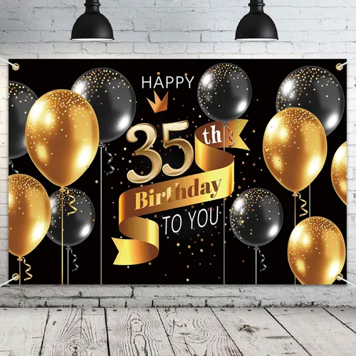 Miniatura 18 de Cartel de fondo de feliz cumpleaños 15 – Suministros de decoración de fiesta de cumpleaños 15 para niños – Oro negro 3.9 x 5.9 pies