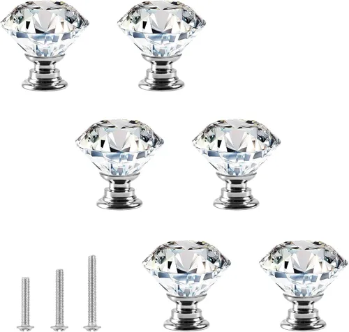 Miniatura 12 de 6 pomos de cristal de cristal de 1.18 pulgadas para cajones, pomos negros en forma de diamante, manijas con tornillos para cocina, baño, tocador