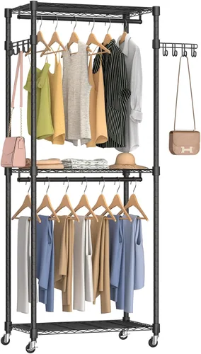 Miniatura 8 de Perchero de ropa resistente, perchero portátil para armario, estante de ropa ajustable independiente con 7 niveles de estantería de alambre Negro