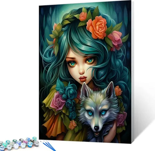 Miniatura 10 de Kit de pintura de cabeza de niña con flores, por números, con pinceles, animales, gatos, pintura al óleo acrílica para adultos y niños, plantas