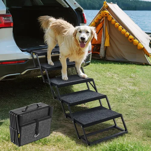Miniatura 9 de Veehoo Escalones plegables para perros grandes, rampa plegable de 4 escalones para vehículos de automóvil de 17 pulgadas de ancho, escalera portátil