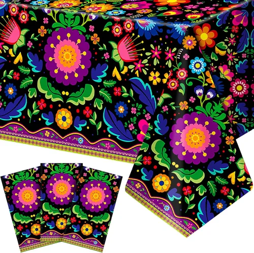 Miniatura 7 de Frienda 3 manteles de plástico para decoración de fiesta mexicana de 54 x 108 pulgadas, manteles desechables florales mexicanos para suministros