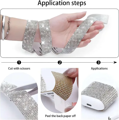 Miniatura 5 de 3 rollos de cinta de diamantes de imitación, 3 tamaños, tiras de diamantes de imitación autoadhesivas, cintas de diamantes de imitación de cristal