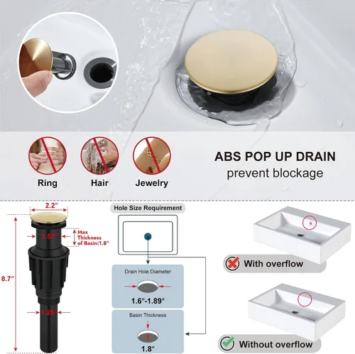 Miniatura 6 de Midanya Grifos altos para lavabo en cascada, lavabo de baño con una sola manija, 1 agujero, moderno, con mangueras de drenaje emergentes y Oro
