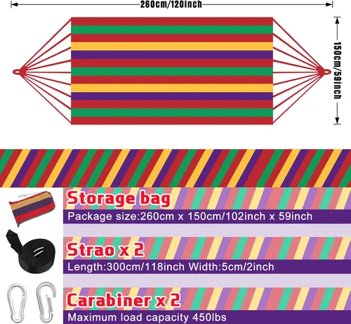 Miniatura 2 de Windyun 2 juegos de hamacas de lona de algodón, hamaca doble grande de 400 libras, hamacas portátiles para acampar para exteriores con bolsa de Rojo